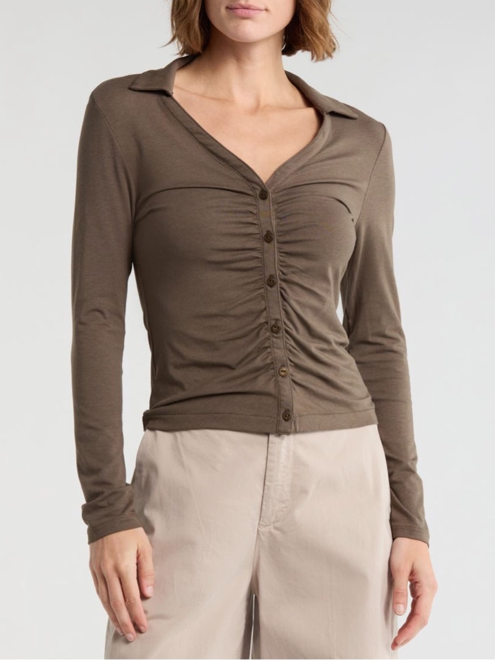 NWT Rag & Bone Lucy Ruched polo Button up Long Sleeve Top – midol- S